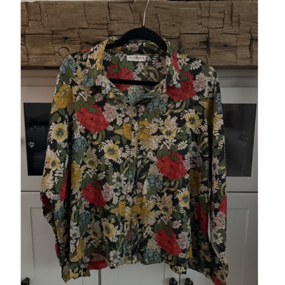 Natural Life Dark Floral Button Down Shirt Collared Boho Top Size XL